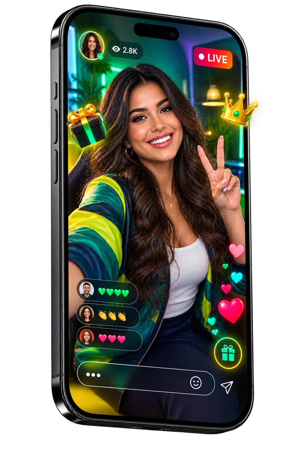 Celular exibindo uma transmissão ao vivo na Ryon Live